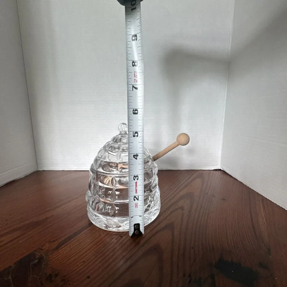 Beehive Crystal Honey  Storage Serving Glass Jar Dispenser with Wooden Dipper